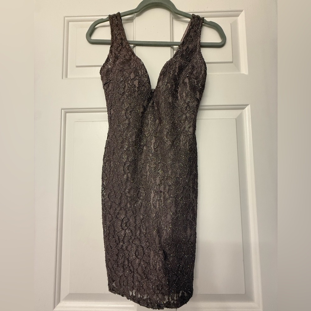 Windsor Strapless Lace Metallic Bodycon Dress in Dark Brown
